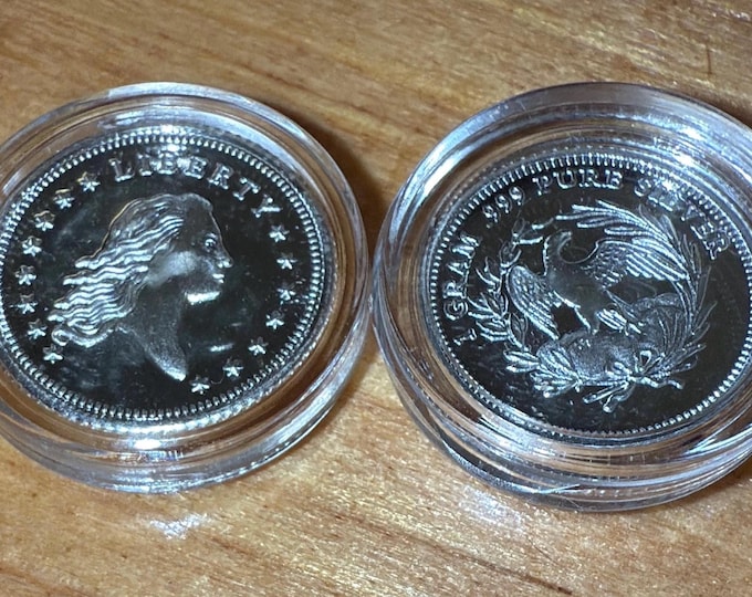 SET OF 2 Miniature Flowing Hair Silver Dollar Tribute Coin in Protective Capsule • 1 Gram Fine Silver (99.9% Pure) • Fractional Round, 15mm