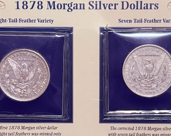 2 COIN SET + Stamp • 1878 P Morgan Silver Dollars • 7TF Reverse of 79 + 8TF Variety • First Year of Issue • Ungraded Xf/AU