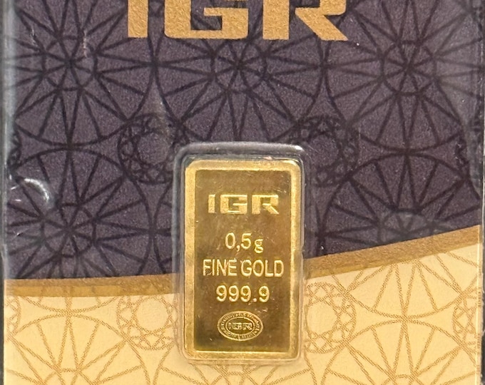 IGR 0.5g Gold Bar Sealed in Assay Card (1.5”x 2”) • 1/2 Gram 99.99% Pure Gold (.9999 Fine, 24K) • Istanbul Gold Refinery Certified