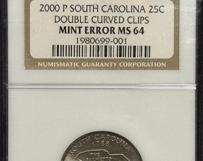 Featured listing image: FEATURED SALE! 2000 P South Carolina State Washington Quarter • Double Curved Clips Mint Error • Graded NGC MS64