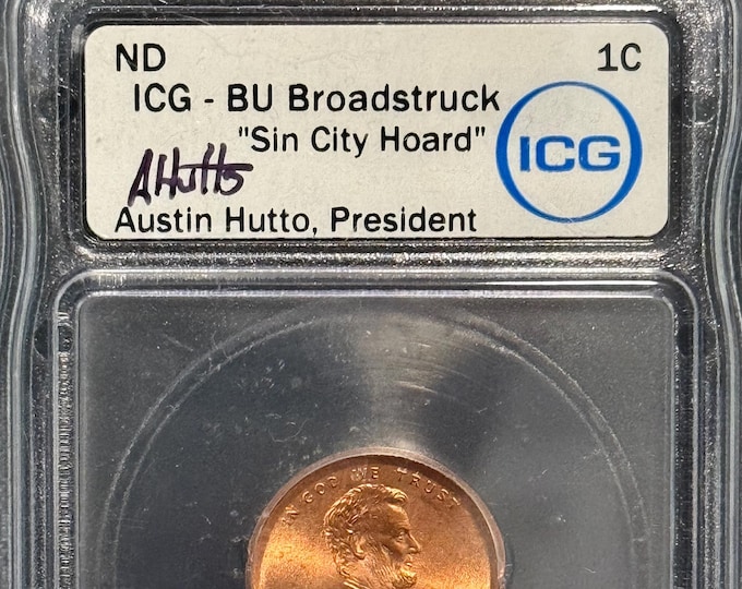 2000 Lincoln Memorial Penny, One Cent • Broadstrike Mint Error • Hutto Signed Sin City Hoard Label • ICG Broadstruck, Brilliant Uncirculated