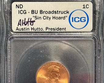 2000 D Lincoln Memorial Penny, One Cent • Broadstrike Mint Error • Hutto Signed Sin City Hoard Label, ICG Broadstruck Brilliant Uncirculated