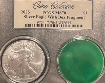 CURIO COLLECTION 2025 Silver Eagle • Original Mint Monster Box Fragment Label + Velvet Gift Bag • Total Population of 100 • Graded PCGS MS70