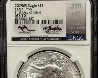 2025 P American Silver Eagle Soaring Eagle Privy • First Day of Issue, Engraver Series Dual Signature Label (Mercanti & Gaudioso) • NGC MS70