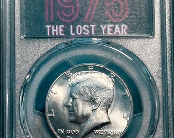 1976 P Kennedy Clad Half Dollar from 1975 Mint Set • The Lost Year Label • Philadelphia Mint • Graded PCGS Brilliant Uncirculated