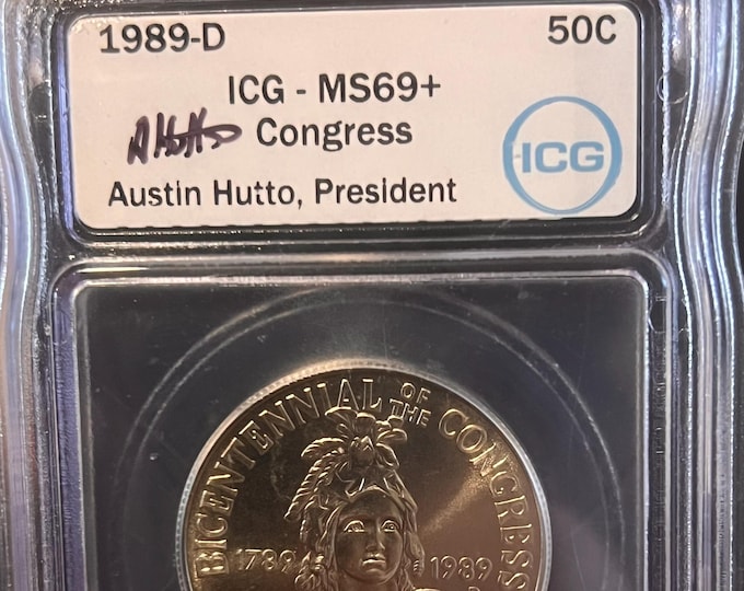 1989 D Congress Bicentennial Commemorative Clad Half Dollar 50c • High Grade • Denver Mint • Austin Hutto Signed Label • Graded ICG MS69+