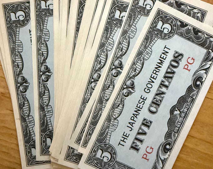 Featured listing image: FEATURED SALE! 1942 Japan 5 Centavos, Lot of 32 Uncirculated Notes • World War 2 Japanese Invasion/Occupation of the Philippines