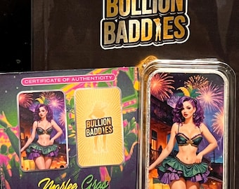 Bullion Baddies Series 3 • Marlee Gras Nice Version Sexy Mature Colorized Silver Art Bar in Capsule with COA • 1 oz Fine Silver (99.9% Pure)