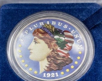 1921 Colorized Morgan Silver Dollar in Display Box • 90% Pure Silver Coin