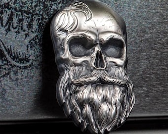 BEARDED BIKER SKULL Pure Silver Coin, Antique Finish • Ogp Display Tin + Coa • 1 oz Fine Silver 999 • 2019 Palau 5 Dollars • Mintage of 1750
