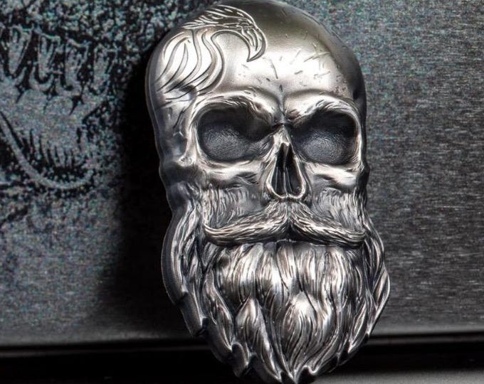 BEARDED BIKER SKULL Pure Silver Coin, Antique Finish • Ogp Display Tin + Coa • 1 oz Fine Silver 999 • 2019 Palau 5 Dollars • Mintage of 1750