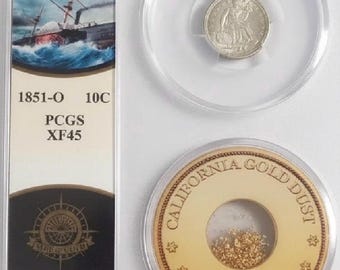 1851 O Seated Liberty Dime + 1857 California Gold Dust • SS Central America Shipwreck: Lost Treasures • Bob Evans Signed • Graded PCGS XF45