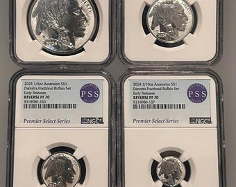 4 COIN SET Damstra Fractional Silver Buffalo Heads • Premier Select Early Releases Label • 2024 Ascension Island • NGC PF70 Reverse Proof