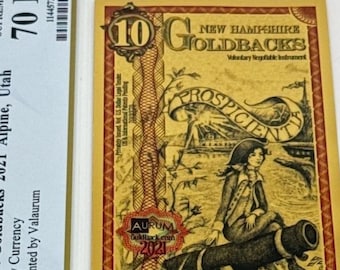 2021 New Hampshire 10 GOLDBACKS • 1/100oz Pure Gold (.999 Fine, 24K) • Graded PCGS 70 PPQ