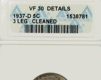 Genuine 1937 D 3 Legged Buffalo Nickel • KEY DATE • 3 Leg Error Coin • Vintage Soapbox Holder • Graded ANACS VF30 Details Cleaned