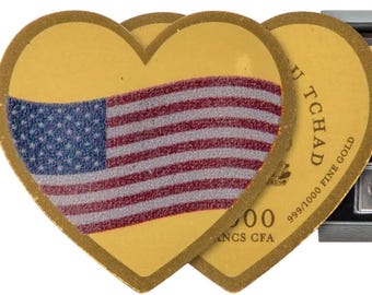 American Flag Heart Shaped Pure GOLD COIN + Display Box & COA • 1/1000 oz Pure Gold (.999 Fine) • Republic of Chad, 3000 Francs