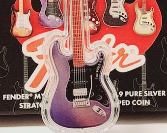 PAMP Suisse AMETHYST • Fender Am Ultra Stratocaster Guitar Shaped 1 oz Fine Silver Bar • 2024 Solomon Islands • Limited Mintage #0584/1930