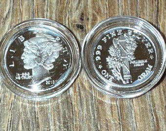 SET OF 2 Miniature Mercury Dime Tribute Coin in Protective Capsule • 1 Gram Fine Silver (99.9% Pure) • Fractional Silver Round, 15mm