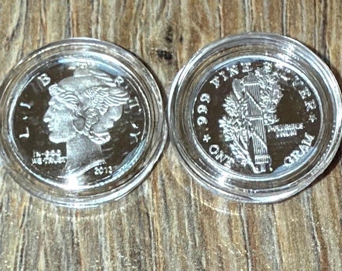 SET OF 2 Miniature Mercury Dime Tribute Coin in Protective Capsule • 1 Gram Fine Silver (99.9% Pure) • Fractional Silver Round, 15mm