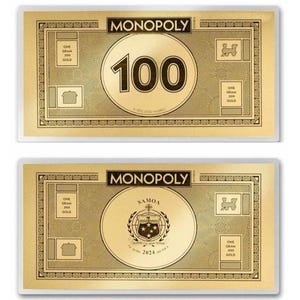1 Gram Fine Gold (99.9% Pure) Replica Monopoly Money • 100 Dollar Bill Currency Foil Note • 2024 Samoa, MKS PAMP • Limited Mintage of 5000