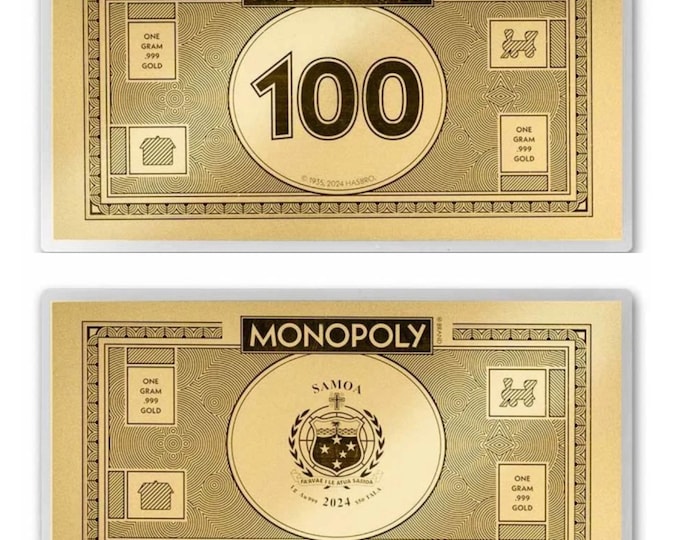 1 Gram Fine Gold (99.9% Pure) Replica Monopoly Money • 100 Dollar Bill Currency Foil Note • 2024 Samoa, MKS PAMP • Limited Mintage of 5000