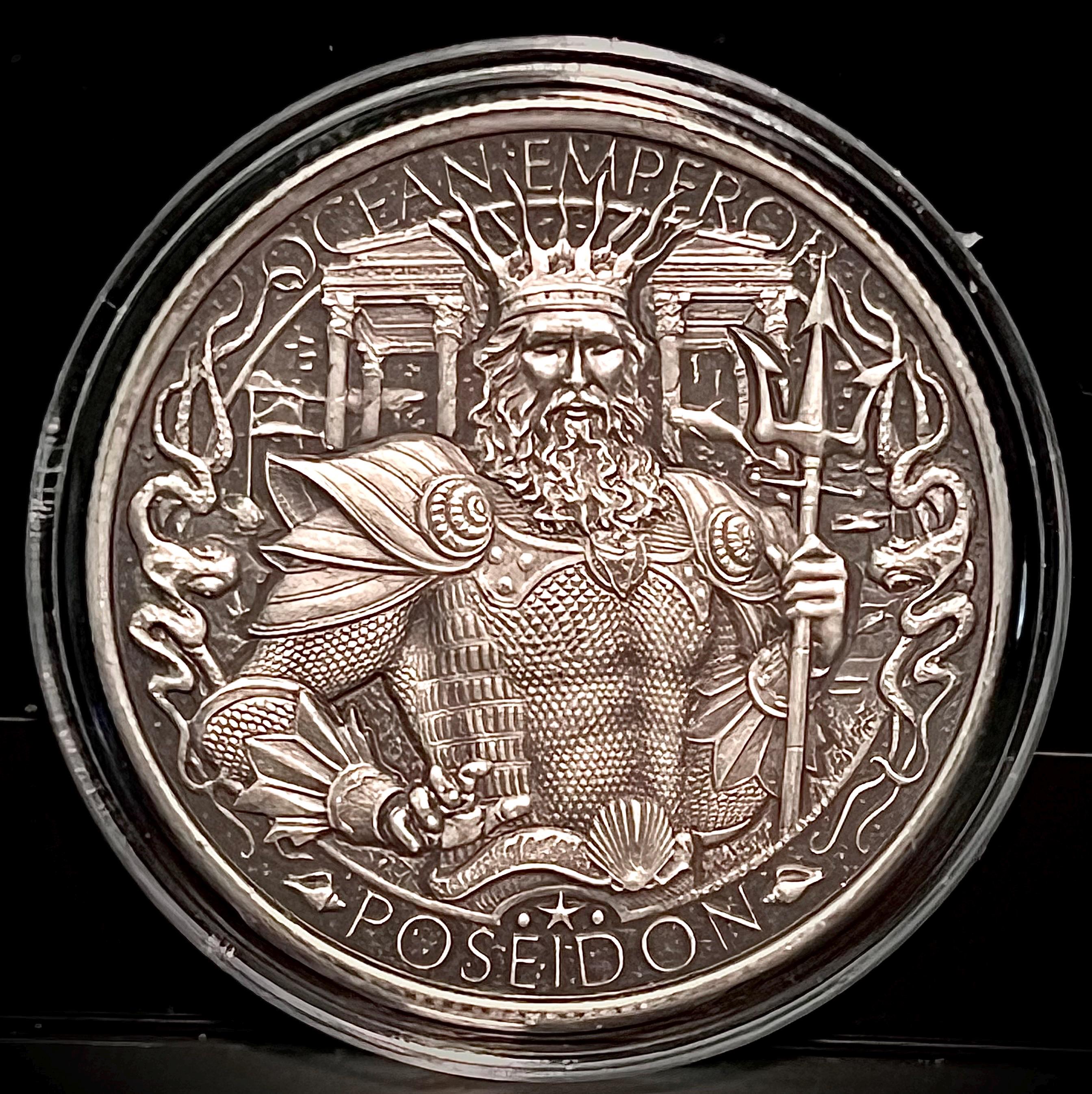 Lost City of Atlantis, Poseidon Mythical Cities • 1 oz Pure Silver Round  (.999 Fine) • Antiqued Coin in Protective Capsule