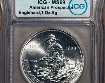 1986 Engelhard American Prospector Vintage Silver Round • 1 oz Fine Silver (99.9% Pure) • Eagle Reverse • Graded ICG MS69