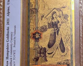 2021 New Hampshire 5 GOLDBACKS • 1/200oz Fine Gold Fractional Currency (99.9% Pure) • Graded Supreme Gem Uncirculated, PCGS Banknote 70 PPQ