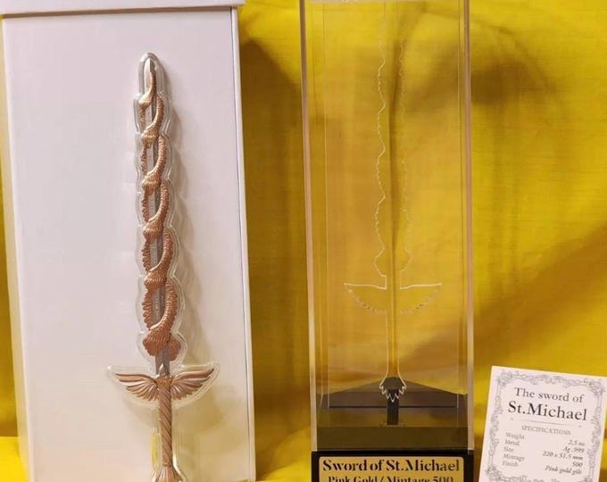 Pure Silver Sword of Saint Michael, Rose Pink Yellow Gold Gilded + Display Case • 2.5 oz Fine Silver Bar • 2024 South Korea • Mintage of 500