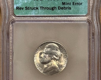 1945 S Jefferson Silver War Nickel • MINT ERROR, Reverse Struck Through Debris • Graded ICG MS64
