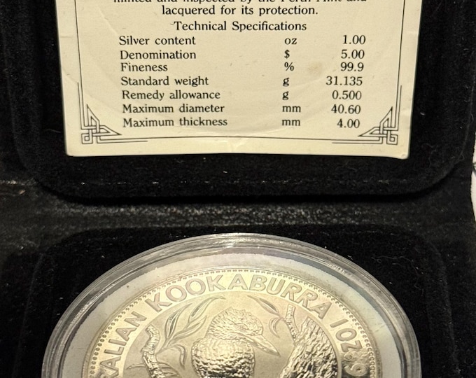 1991 Australia Silver Kookaburra • 1 oz Pure Silver (.999 Fine) • Perth Mint Vintage Display Case with Certificate of Authenticity