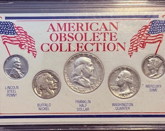 SET OF 5 Type Coins in Vintage Holder • 1951 Franklin Silver Half Dollar + 1950 D Quarter + 1941 D Dime + 1935 Buffalo + 1943 Steel Penny