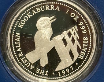 1997 Australia Silver Proof Kookaburra • 1 oz Pure Silver (.999 Fine) • Perth Mint Original Vintage Pouch + COA • Limited Mintage #0196/3500