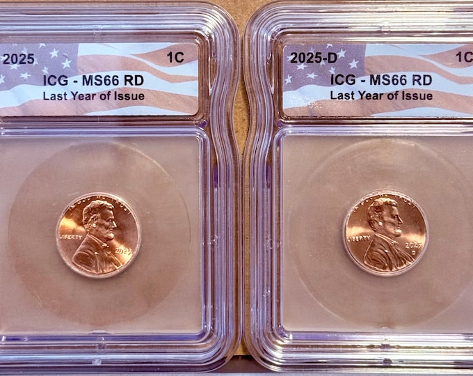 Featured listing image: FEATURED SALE! 2025 P & D Lincoln Cent Shield Penny Set • Last Year of Issue, American Flag Label • Graded ICG MS66 Rd (Red)
