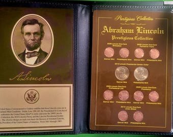 2009-2010 Abraham Lincoln Presidental Dollar + Penny Set • Philadelphia & Denver Mint • Prestigious Collection + Commemorative Gallary Book