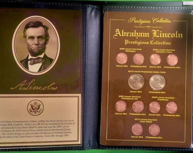 2009-2010 Abraham Lincoln Presidental Dollar + Penny Set • Philadelphia & Denver Mint • Prestigious Collection + Commemorative Gallary Book