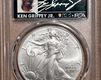 2025 P Eagle Privy Silver Eagle • Legends of Life, First Strike, Ken Griffey Jr Signed Label • Graded PSA PCGS MS70 • Total Population of 5