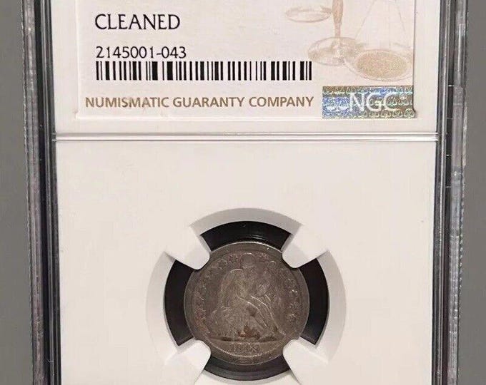 1849 O Seated Liberty Dime, United States New Orleans Mint, 90% Pure Silver Coin (.90 Fine), Graded NGC F FINE Details