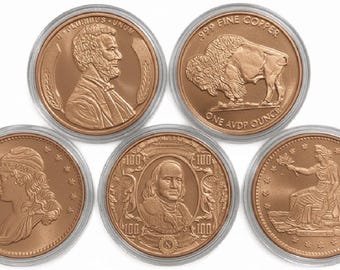 SET OF 5 • 1 oz Pure Copper Rounds in Capsules (.999 Fine) • Mixed Designs