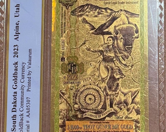 2023 South Dakota Alpha Series 1 GOLDBACK • First Year of Issue • 1/1000oz Fine Gold Currency Note 24K • Graded PCGS 69 PPQ Gem Uncirculated