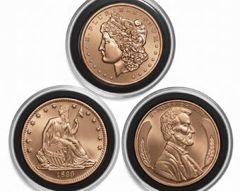 SET OF 3 Morgan Dollar, Seated Liberty & Lincoln Penny Copper Rounds • 1 oz Pure Copper (.999 Fine) in Air-Tite Capsules