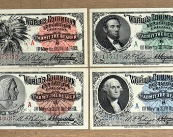 SET OF 4 • 1893 Chicago World’s Fair Colombian Exposition Admission Tickets • American Bank Note Company • Uncirculated Crisp Mint Condition