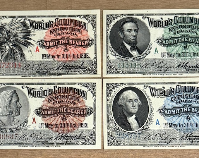 SET OF 4 • 1893 Chicago World’s Fair Colombian Exposition Admission Tickets • American Bank Note Company • Uncirculated Crisp Mint Condition