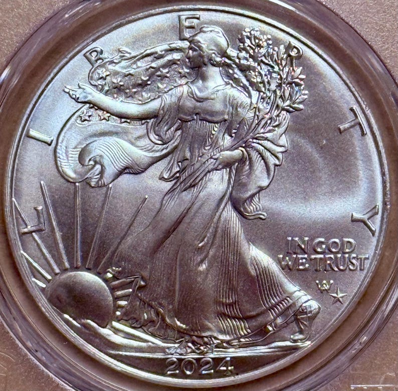 Peut inclure: Une pi&egrave;ce de monnaie en argent repr&eacute;sentant Lady Liberty marchant vers le soleil avec une branche d'olivier. La pi&egrave;ce porte l'inscription "IN GOD WE TRUST" et l'ann&eacute;e "2024". La pi&egrave;ce est enferm&eacute;e dans un &eacute;tui de protection transparent.