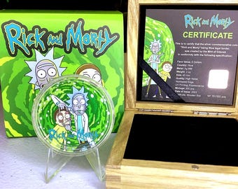 2023 Niue 5 Dollars, Rick & Morty - 2 oz Pure Silver (.999 Fine) Fluorescent Glow In The Dark Coin + OGP Box Capsule, RARE Limited #230/300