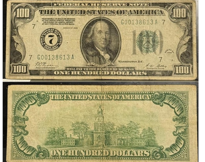 1928 A 100 Dollar Bill • Vintage Federal Reserve Note • Redeemable in Gold • Chicago IL Green Seal • Good Circulated Condition, Center Folds