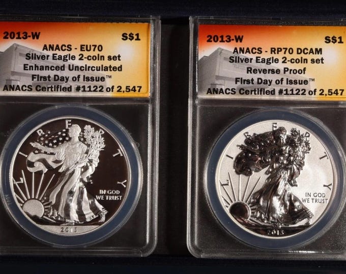 2 Coin Set • 2013 W American Silver Eagle • West Point Mint • Enhanced + Reverse Proof OGP Box • First Day of Issue • ANACS RP70 DCAM + EU70