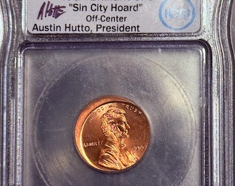 2000 Lincoln Memorial Penny • MINT ERROR, Struck 5% Off-Center • Hutto Signed Sin City Hoard Label • Graded ICG Brilliant Uncirculated