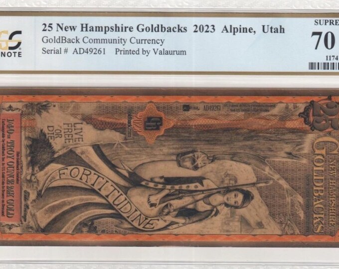 2023 New Hampshire 25 GOLDBACKS • 1/40 oz Fine Gold • 99.9% Pure Fractional Gold Currency Note • Graded Supreme Gem Uncirculated PCGS 70 PPQ