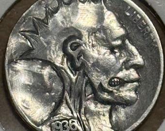 Genuine HOBO NICKEL Hand-Carved on a 1936 Buffalo Nickel by Artist CM • Spikey Hair Punk in Capsule